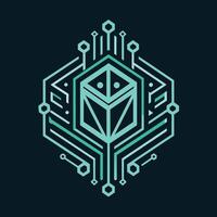 Stylized cube positioned in the center of a circuit board pattern, showcasing a futuristic and technological theme, Create a minimalist logo inspired by circuit board patterns vector