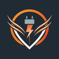 A modern logo featuring an orange and black color scheme with a prominent lightning bolt design, Create a sleek and modern logo with a subtle nod to a plug or outlet vector