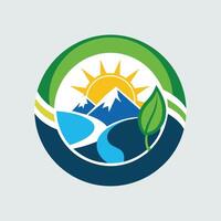 A green and blue logo with a sun above it, representing a symbol for an organization, Create a simple and symbolic logo for an organization combatting climate change vector