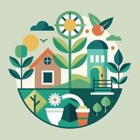 A house nestled among lush trees and colorful flowers in a natural setting, Design a minimalist icon for a community garden project promoting sustainable living vector