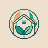 A sleek house with a leaf sitting inside, showcasing a blend of nature and modern design, Create a sleek symbol for a zero-waste home goods brand, minimalist simple modern logo design vector