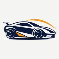 un azul y naranja Deportes coche soportes fuera en contra un blanco fondo, exhibiendo sus vibrante colores y dinámica diseño, crear un minimalista logo inspirado por un pulcro cuero bolso vector