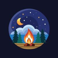 A campfire burns brightly, casting a warm glow under a full moon in the night sky, A simple image of a campfire under a starry night sky, minimalist simple modern logo design vector