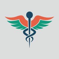 un contemporáneo versión de el tradicional médico caduceo símbolo, presentando un varilla con alas, un pulcro y moderno interpretación de el caduceo símbolo para un médico instalaciones logo vector