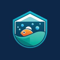 A fish glides through a bowl filled with water, surrounded by bubbles, A stylized outline of a fish tank with bubbles, minimalist simple modern logo design vector