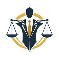 A man dressed in a suit and tie, holding a scale of justice, Create a minimalist design that portrays trust and professionalism for a legal consulting firm vector