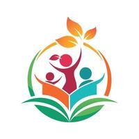 Logo featuring multiple individuals holding leaves, symbolizing unity and environmental support, Create a minimalist logo for a charity supporting children's education and literacy programs vector