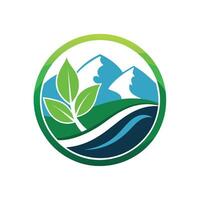 Logo design featuring green and blue colors with mountains in the background, Create a minimalist logo for a non-profit organization focused on environmental conservation vector