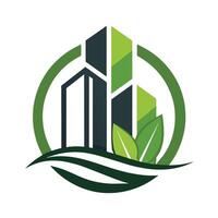 A sleek and modern logo representing a green city with sustainable architecture and environmental focus, Create a sleek and modern design for a tech incubator logo vector