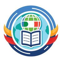 un globo metido en parte superior de un abierto libro, simbolizando conocimiento y global comprensión, diseño un sencillo aún elegante símbolo para un idioma aprendizaje plataforma vector