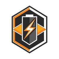 A sleek and modern logo featuring a black and orange color scheme with a prominent lightning bolt design, Design a sleek and modern logo with a geometric representation of a battery icon vector