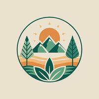 A minimalist logo featuring green and orange colors with trees and mountains in the background, Design a minimalist logo for a wellness retreat with a focus on nature vector