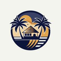 A house stands on a sandy beach, surrounded by tall palm trees gently swaying in the breeze, Design a minimalist logo for a luxury beach resort, minimalist simple modern logo design vector