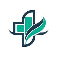 un moderno logo presentando un cruzar intersectando con un hoja, diseñado para un médico clínica, desarrollar un pulcro y moderno logo para un médico clínica, utilizando limpiar líneas y sutil detalles vector