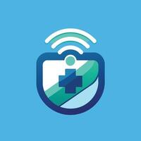 A shield featuring a prominent cross symbol on top, designed for a remote patient monitoring system, Generate a sleek emblem for a remote patient monitoring tool vector