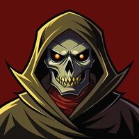 A skull dressed in a hooded jacket, featuring glowing red eyes, creating a menacing and mysterious appearance, Dark Grim Reaper with Mask and Hood, Illustration vector