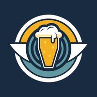 un vaso lleno con cerveza conjunto en un brillante azul fondo, generar un sencillo y elegante logo para un moderno pub gastronómico con un giratorio selección de local cervezas vector