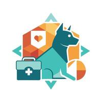 un perro con un primero ayuda equipo atado a sus atrás, Listo a ayudar en emergencias, geométrico diseño de un mascota y médico equipo, minimalista sencillo moderno logo diseño vector