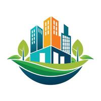 A minimalist logo of a city featuring trees and buildings for a clean and modern design, A minimalist logo that symbolizes innovation and technology vector