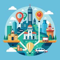 A city map marked with a variety of locations, including streets, buildings, parks, and landmarks, Generate a minimalist icon of a city map, highlighting key landmarks and transportation hubs vector