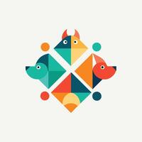 A fish and a dog are depicted in a geometric pattern, appearing to play together in an abstract design, Geometric shapes arranged to resemble pets playing, minimalist simple modern logo design vector