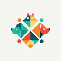 A fish and a dog are depicted in a geometric pattern, appearing to play together in an abstract design, Geometric shapes arranged to resemble pets playing, minimalist simple modern logo design vector