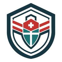Shield with a prominent cross symbol in the center, designed as a minimalistic emblem for a compliance software, Develop a minimalistic emblem for a compliance software suite vector