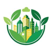 A cityscape filled with greenery from surrounding trees and leaves, Develop a minimalist icon that symbolizes sustainable urban development and green spaces vector