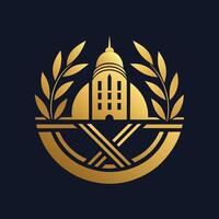 A gold emblem showcasing a building in the center, symbolizing luxury and sophistication, Design a minimalist logo for a luxury hotel chain that reflects luxury and comfort vector