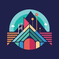 estilizado representación de un montaña pico con un escalera alcanzando el cumbre, diseño un visual representación de un música festival en un minimalista estilo vector