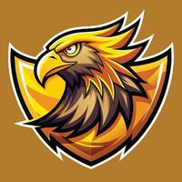 un dorado águila cabeza en un dinámica actitud en contra un vibrante amarillo fondo, dorado águila logo y mascota ilustración, dinámica gráfico vector