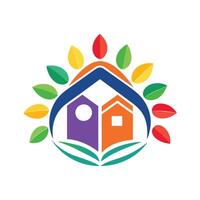 un casa completamente cubierto con caído hojas, con un denso capa de otoño follaje todas alrededor, icono para un educación en el hogar apoyo grupo, minimalista sencillo moderno logo diseño vector