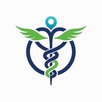 minimalista médico símbolo presentando alas y un personal, simbolizando cuidado de la salud y cicatrización, minimalista diseño de un estetoscopio entrelazados con un caduceo símbolo vector