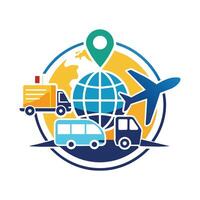 An airplane, a truck, a van, and a globe are placed on a white background, Incorporating symbols of travel and delivery in a clean and minimalistic logo vector