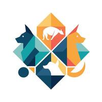 un logo presentando un perro y un gato jugando, creado con geométrico formas, geométrico formas arreglado a asemejarse a mascotas jugando, minimalista sencillo moderno logo diseño vector