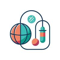 A test tube with a drop of liquid next to a globe, symbolizing science and global research, Jump rope and medicine ball set-up, minimalist simple modern logo design vector