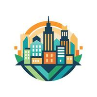 City scene featuring high-rise buildings and lush green trees in an urban setting, Generate an abstract representation of a bustling city center with a focus on symmetry and simplicity vector