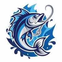 un pescado con un pescar gancho atascado en sus boca, rodeado por agua salpicaduras, pescado y gancho logo con agua chapoteo decoración vector