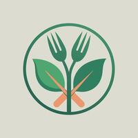 A fork is placed alongside two fresh green leaves arranged in a circular pattern, Minimalist branding for a vegan restaurant with a focus on organic ingredients and sustainability vector