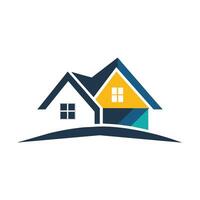 A house featuring a blue roof and yellow windows against a clear sky, Real Estate Logo Design vector