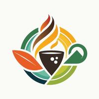 un café taza con un hoja metido en parte superior de él, simbolizando naturaleza y creatividad, incorporar resumen elementos a simbolizar creatividad y innovación en un café logo vector