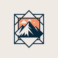 A logo design featuring a mountain enclosed within a geometric frame, creating a distinctive icon with a modern aesthetic, mountain logo design template vector