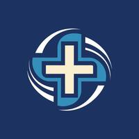 Creative logo design featuring a blue and white color scheme with a cross in the center, Negative space used creatively to depict a medical cross in a minimalist logo vector