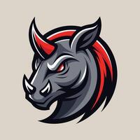 A bulls head with red horns is displayed against a gray background, Produce a sleek and minimalistic representation of a rhinoceros head for a logo design vector