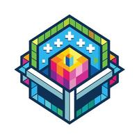 A cube adorned with vibrant colors and a prominent cross design, Pixel technology logo designs concept vector