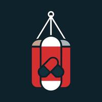 A pair of boxing gloves hangs from a punching bag used for boxing practice, Punching bag and boxing gloves display, minimalist simple modern logo design vector