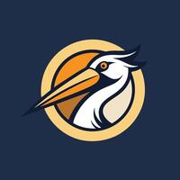 A minimalist illustration of a pelican with a long beak enclosed within a circle, Pelican Simple Logo, minimalist simple modern logo design vector