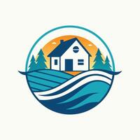 A house sits on a hill, surrounded by trees in the background, Abstract waterdrop logo design illustration template vector