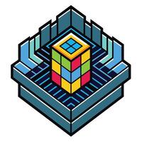 Cube moving through complex maze with white background, Pixel technology logo designs concept vector