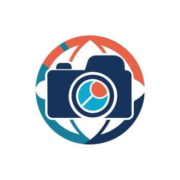 Silhouette of camera with circular lens inside, showing intricate design, Simple silhouette of a camera with a globe inside, minimalist simple modern logo design vector